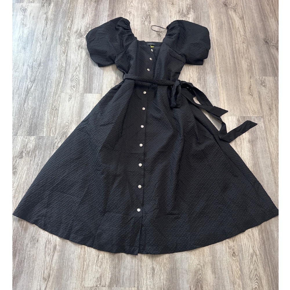 Freemarket Black Textured Puff Sleeve Midi Dress 2X Rhinestone Button Belted NWT